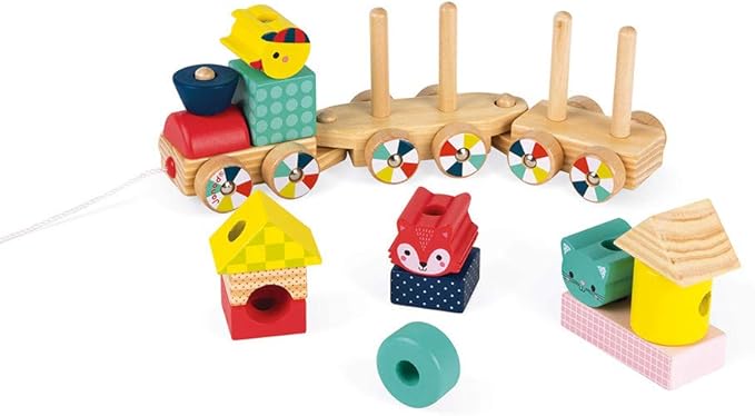Janod - Baby Forest Wooden Train - Pull-Along Toy - 17 Blocks Included - Learning Shapes and Colours - Developing Fine Motor Skills - from 1 Year Old, J08022