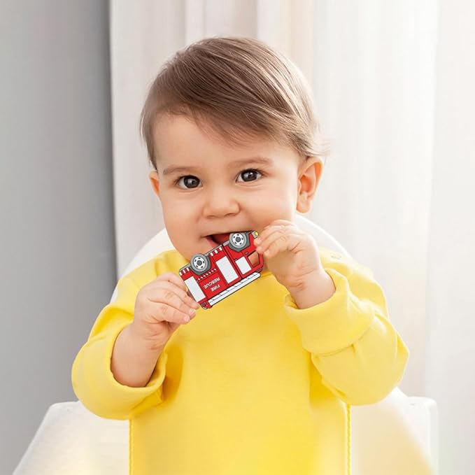 Car Series Baby Teething Toys,Food Grade Silicone Chew Teether for 3 Months+ Infant Boy and Girl,Toddler Sensory Chewing Teether,BPA Free. (Fire Truck,Red)
