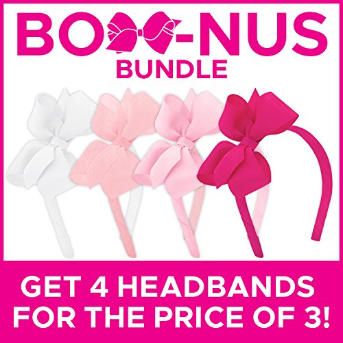 Wee Ones Girls' Classic Grosgrain Headbands with Grosgrain Bows and a Plain Wrap Center, 4 Pack, Medium Bows, White, Light Pink, Pearl, and Shocking Pink