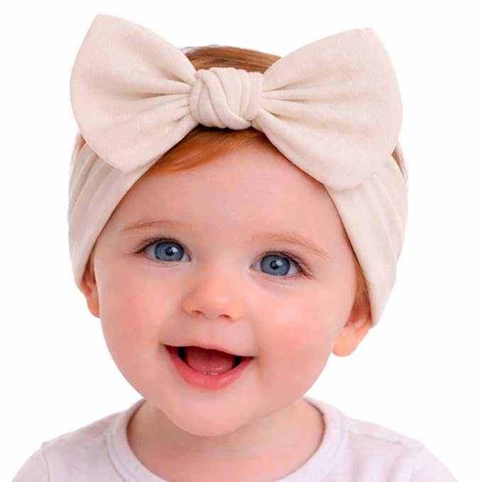 Baby Girl Headbands 0–6 Months – Newborn Infant Soft Cotton Handmade Bow Headband, Stretchy No Mark Baby Hair Accessoriess (Light Beige, 0-6 Month)