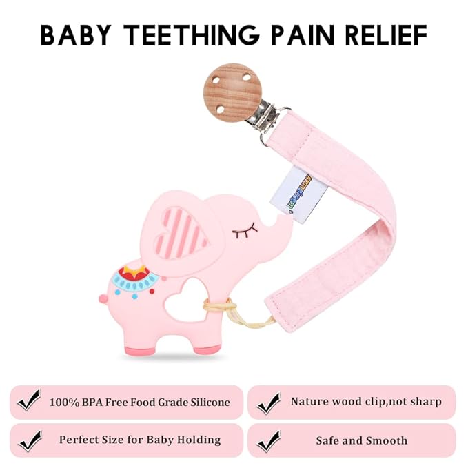 Baby Food Grade Silicone Teether Toy with Pacifier Clip Holder,Teething Pain Relief Toys Gift Set for 3 Months+ Boys and Girls,Freezer Safe,BPA Free. (Pink Elephant)