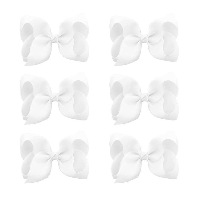 6 PCS 6" Hair Bows for Girls Alligator Clips Grosgrain Ribbon Solid Color Hair Accessories Toddler Bows for Girls Kids(White, 6 Count)