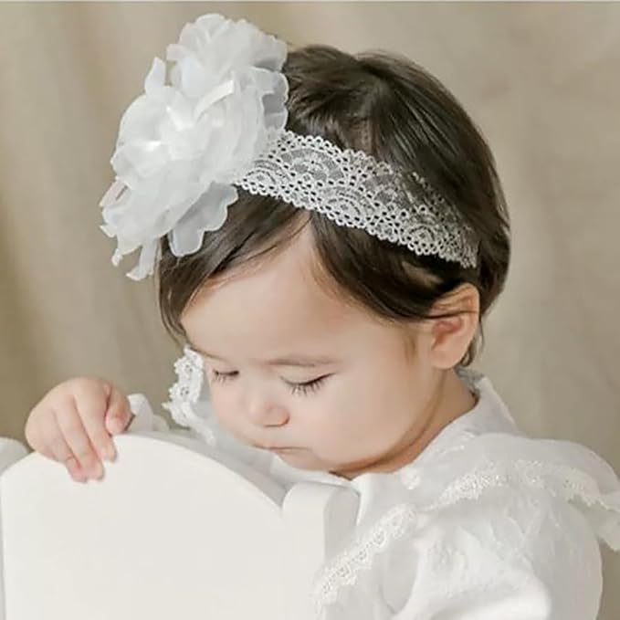 White Lace Flower Headband for Baby Girls Toddler Christening Baptism Hairband Soft Lace Floral Birthday Party Hair Accessories for Newborn Infants Kids (Style 7, One size)