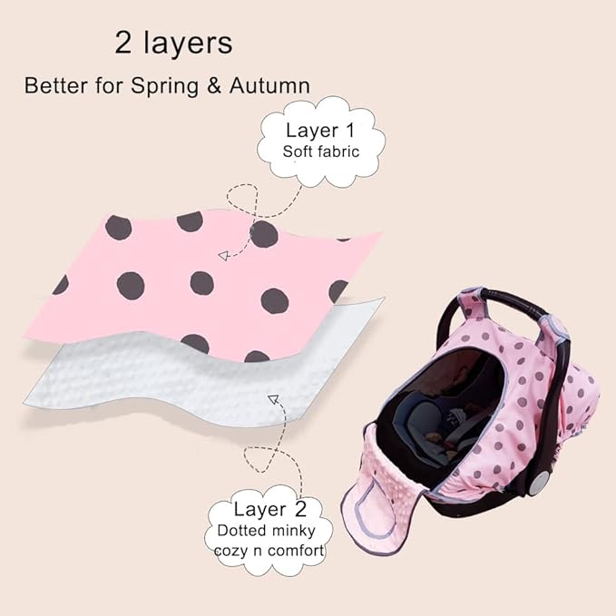 Carseat Cover Girls, Baby car seat Covers for Infant car seat, Baby Carrier Cover Canopy, Window in Door Zipper Open, 2 Layers, Pink dots;