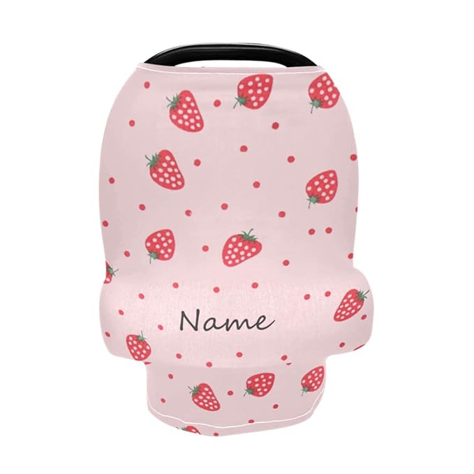 Personalized Baby Name Car Seat Covers for Girls, Custom Pink Strawberry Carseat Canopy, Multiuse Nursing Cover Breastfeeding Scarf, Gift for Newborn Daughter, Infant Stroller Cover