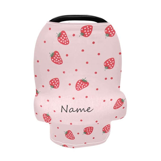 Personalized Baby Name Car Seat Covers for Girls, Custom Pink Strawberry Carseat Canopy, Multiuse Nursing Cover Breastfeeding Scarf, Gift for Newborn Daughter, Infant Stroller Cover