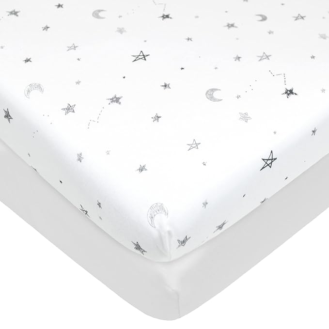 American Baby Company 2 Pack 100% Natural Cotton Fitted Pack and Play Sheets 39" x 27" - Soft & Breathable Pack N Play Sheets for Playard & Mini Crib Mattress, Gray Star and White, for Boys & Girls