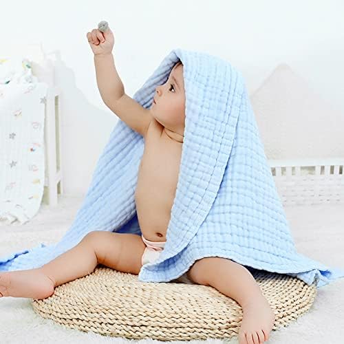 YEBON ProC 2Pcs Baby Muslin Bath Towels, Super Soft Cotton Bath Towel 6 Layers Infant Newborn Swaddle Blanket 41.3 X41.3 Inches,Baby Registry as Shower (Blue)