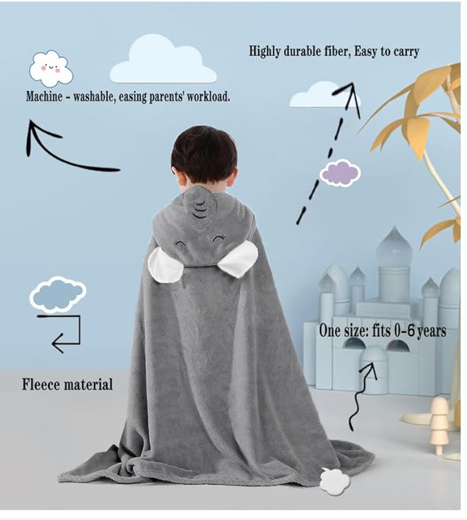 Toddler Baby Bath Towel with Hood 27.5"X55" Ultra Absorbent Soft Cozy Comfort Bathrobe Blanket, 0-6 Years Infant Shower Towel for Girls & Boys(Grey Elephant)