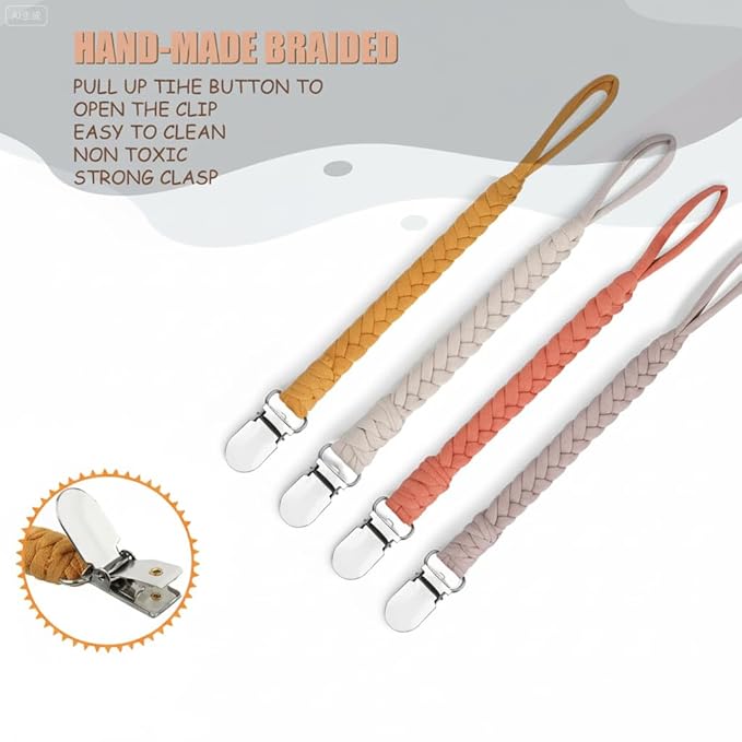 Baby Pacifier Holder for Boy and Girl, Teething Straps Unisex Design, Smoother Clip 100% Handmade Braided, Easy to Use for Teething Toys, (4 pack color varies)