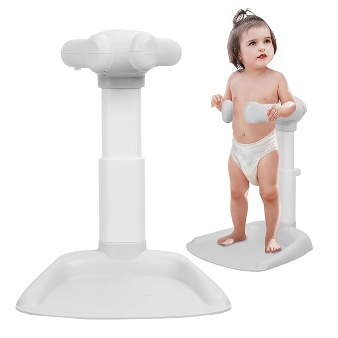 Adjustable Baby Shower Stand with Anti-Slip Base,Bath Shower Standing Support Stand,Portable Bath Helper Bath Support for Infants Portable Bath Helper for Baby 8-24 Months (Grey)