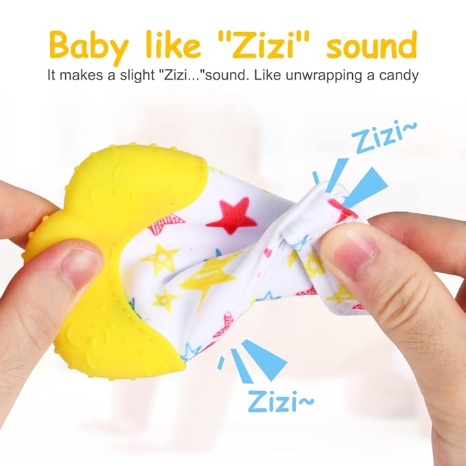 Vicloon Silicone Teething Mitt, 2Pcs Baby Teething Mitten with Adjustable Strap, Crinkle Sound and Textured, Self Soothing Baby Chew Toys for 0-6 Month Infants