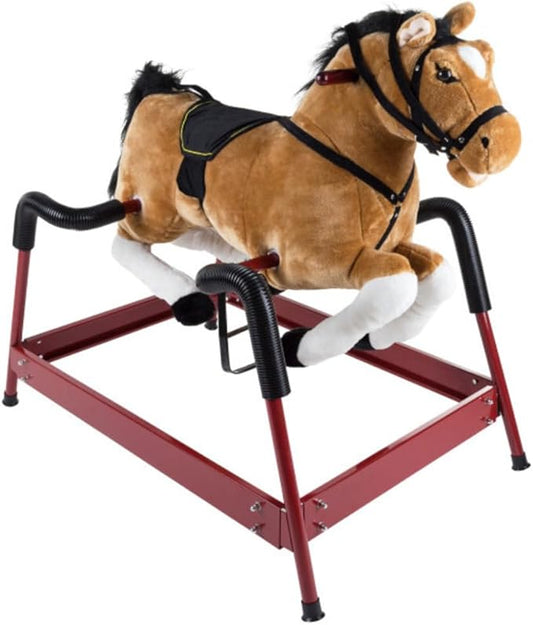 Spring Rocking Horse - Plush Bouncy Ride-On Toy with Fun Sounds, Wood Handles, and Adjustable Stirrups for Kids Ages 3 to 6 by Happy Trails (Brown)