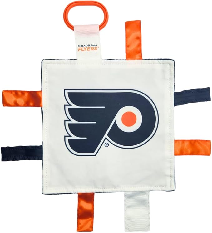 The Learning Lovey Philadelphia Flyers Baby Tag Toy, NHL Hockey Sensory Crinkle Toys, Soft & Safe, Ideal Stroller, BPA-Free with Clip, 8" x 8"