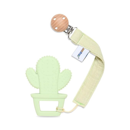 Baby Food Grade Silicone Teether Toy with Pacifier Clip Holder,Teething Pain Relief Toys Gift Set for 3 Months+ Boys and Girls,Freezer Safe,BPA Free (Cacuts)