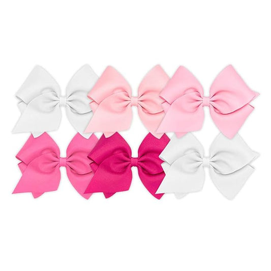 Wee Ones Girls' 6 Piece Set of Bows, Solid Grosgrain Variety Pack on a WeeStay No-Slip Hair Clip, Mini King, White, Light Pink, Pearl, Hot Pink, Shocking Pink