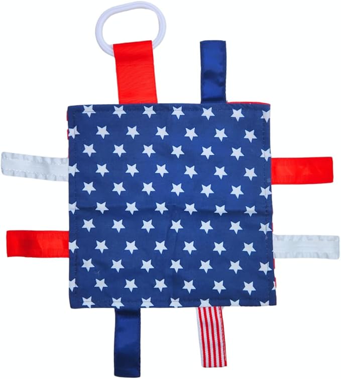 Baby Jack & Co 8x8” American Flag Lovey Patriotic Tag Toy - Crinkle Toys for Development of Five Senses - Soft & Safe - God Bless America - Military Child - BPA Free Clip for Stroller Toy