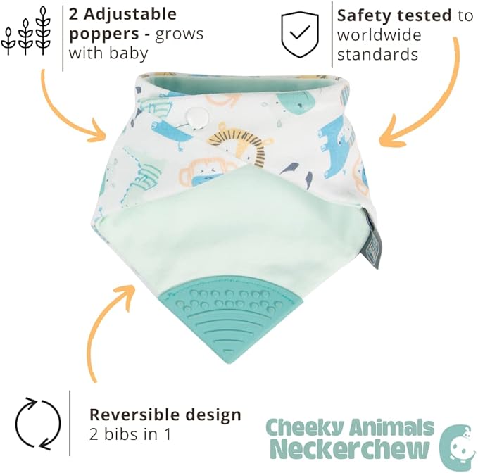 Cheeky Chompers Neckerchew Teething Bib, 2-in-1 Bandana Style Bib w/Food Grade Silicone Teether