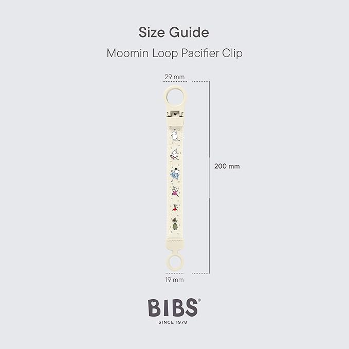 BIBS x Moomins Loop Pacifier Clip - Sleek, Secure One-Handed Operation, Fits All BIBS, Machine Washable, Slim Profile for Comfort, Ages 0+ - Ivory
