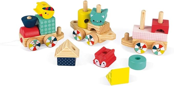 Janod - Baby Forest Wooden Train - Pull-Along Toy - 17 Blocks Included - Learning Shapes and Colours - Developing Fine Motor Skills - from 1 Year Old, J08022