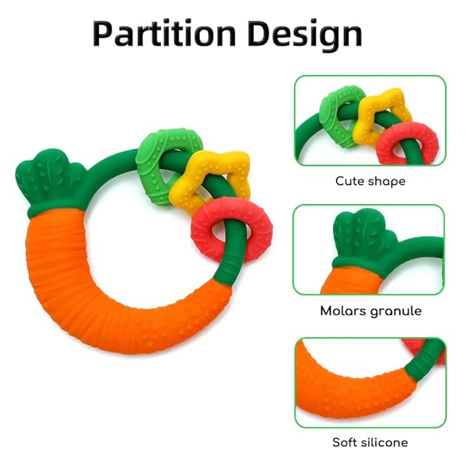 Baby Teether with Easy-Hold Handle, Silicone, BPA-Free, Soothe Sore Gums, Textured for Sensory Development, Teethable Surfaces - Baby Teething Toy for 3 Months & Up (Carrot and Chicken)