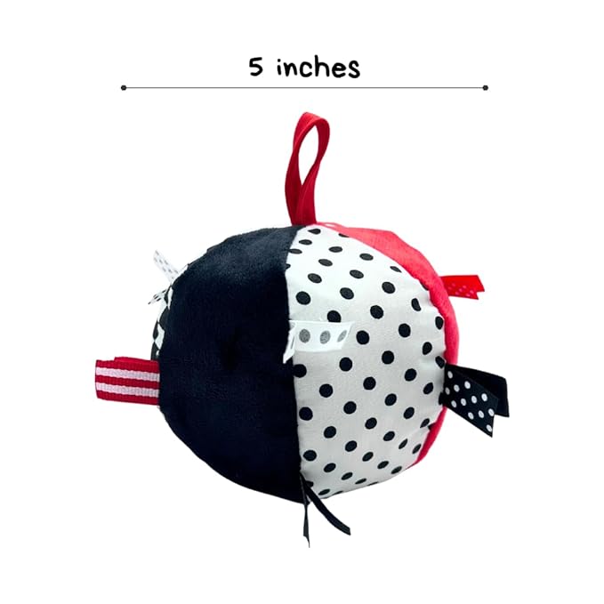 Soft Plush Baby Ball in High Contrast Colors, O Ball Shape with Bell Inside, Sensory Tags, 5", Perfect Size for Small Hands to Grasp, Great for Sensory Play, Tummy Time Toy, Gross Motor Development