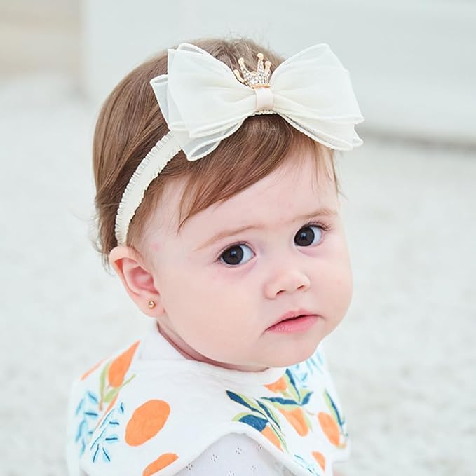Cute Baby Girl Headband with Lace Bow and Crown Elastic Lace Bow Hair Band Newborn to Toddler Hair Accessory Shower Birthday Party Gift (Ivory, Free)