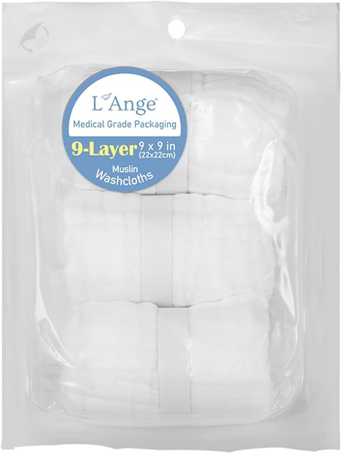 L'Ange Baby Washcloths and Burp Cloths Set - 3 Pack of 9 Layer 100% Cotton Muslin for Sensitive Skin - Super Absorbent - Medical Grade Packaging for Infants Newborns and Toddlers- 9x9 - White
