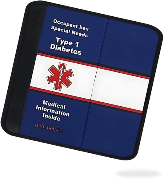 Type 1 Diabetes Awareness Medical Alert Seatbelt Cover for Children in Car Seats (6”) Featuring an Emergency Information Form and Pocket by Help Belts. (Blue/White)