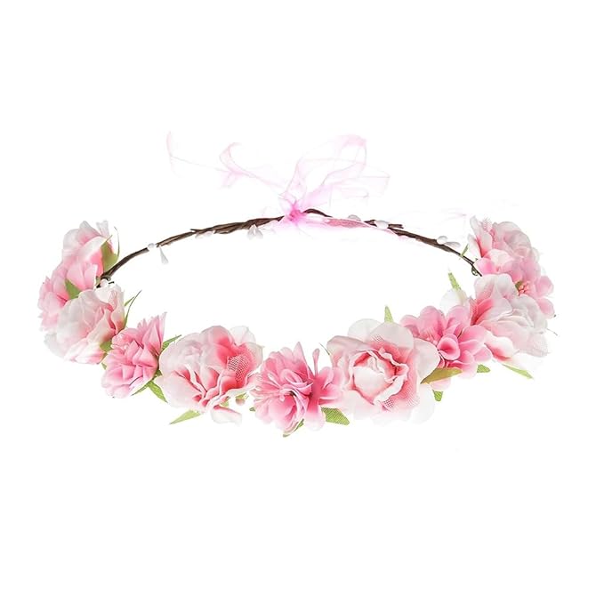 AKOAK 1 Pack Flower Crown, Bohemian Wreath for Girls Floral Tiara, Wedding Headband, Bride Bohemian Wreath/Baby Shower/Photo/Toddler (Pink)