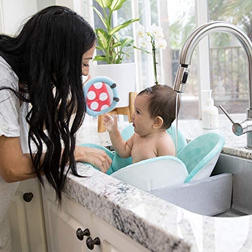 Blooming Bath Poppy Flower Bath Mat - Sink Bathtub Cushion for Baby - Plush Minky Fabric for Newborn to 6 Months - Washer-Safe Infant Newborn Essentials - Baby Shower Gifts for New Mom (Seafoam/Brown)