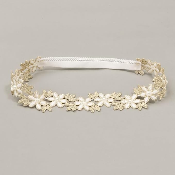 Baby Girl Gold Flower Lace Headband Toddler Elastic Floral Hair Band Newborn Infant Soft Lace Baptism Christening Hair Accessories for Birthday Party (Gold E, Standard size)