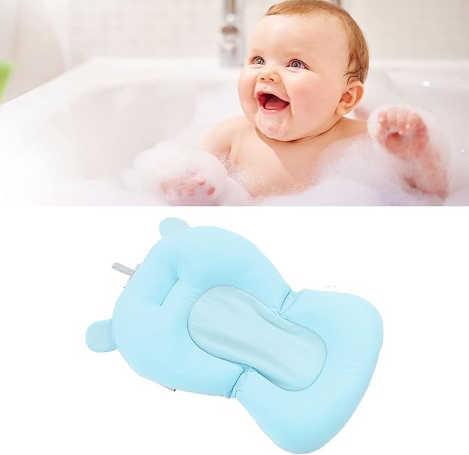 Baby Bath Cushion Pad Newborn Bathtub Mat, Nonslip Floating Seat with Support for Head, Neck, and Back,Sling, 0-12 Months (Blue Bear)