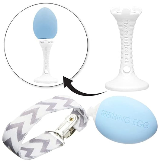 The Teething Egg and Grippie Stick - Baby Development Teething Toys 3, 4, 6, 12 Up to 18 Months Old Boy or Girl, Sensory Toys, A Baby Registry Must Have Teether, Blue