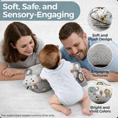 Tummy Time Activity Toy | Baby Sensory Pillow for Infants 0-6 Months | Pillow with Detachable Rattle | Crinkle & Teether Toys | Soft Breathable Floor Pillow for Newborns and Babies