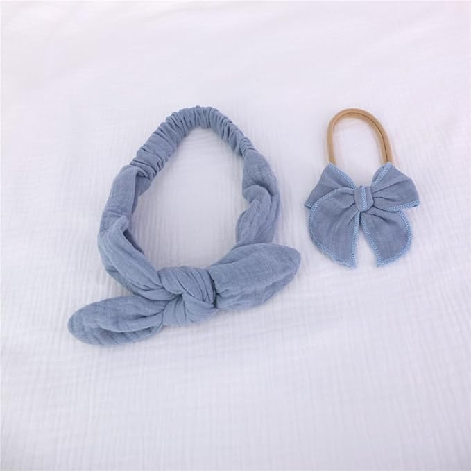 Sugarmelon Original Cotton Gauze Headband for Newborn Toddler Infant Baby Girl Kids Muslin Cotton Hair Bow Headbands Turban Elastic Hair Bands (2 pcs Smoke Blue)