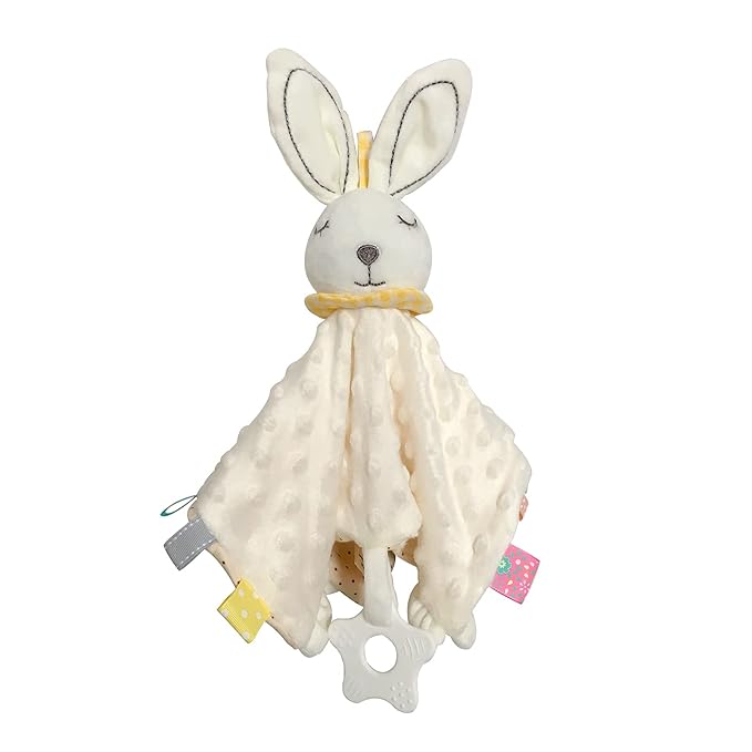 Lovey Bunny Security Blanket for Baby Girls Boys Soft Plush Stuffed Animal Blanket with Crinkle in Ear Infant Tags Security Blanket Taggy Rattle Toys Soothing Sensory Teether Toy Great Shower Gift
