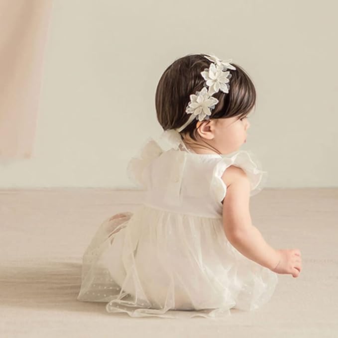 Baby Girl Headband White Lace Hairband Elastics Flower Head Wrap Hair Accessories Gift for Newborn Infant Toddlers Kids Baptism Shower Gift Birthday Wedding Party (Style 1)