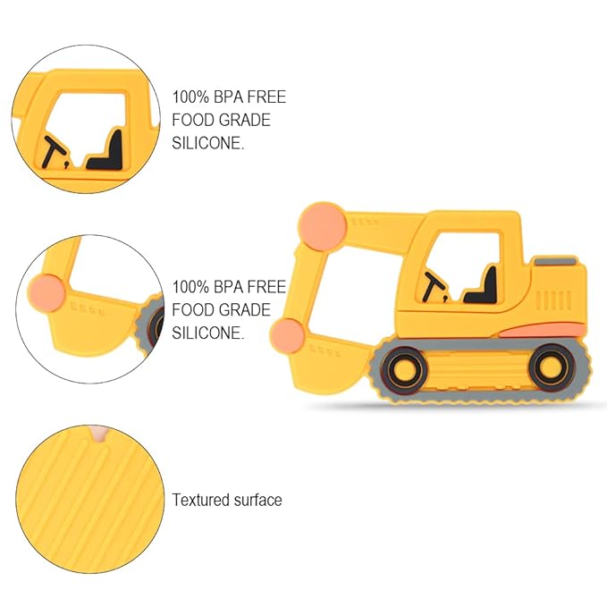 Car Series Baby Teething Toys,Food Grade Silicone Chew Teether for 3 Months+ Infant Boy and Girl,Toddler Sensory Chewing Teether,BPA Free. (Excavator, Orange-Yellow)