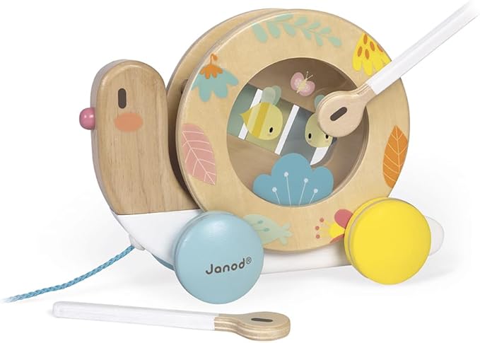 Janod Pure Pull Along Snail - Wooden 2-in1 Musical Toy - Ages 1+ - J05159