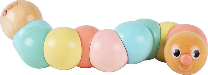 Classic World Wooden Twist Caterpillar Pull Toy, Flexible Colourful Worm for Babies, Toddlers, Kids, Develops Fine Motor Skills and Color Recognition, 25 cm, 1 Year+, Pastel Colors