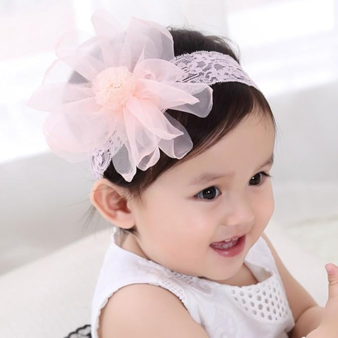 Lace Flower Bow Baby Girls Headband Pink Knot Infant Wrap Soft Chiffon Elastic Baby Turban Hair Band for Newborn Infant Toddler Kids (Pink B)