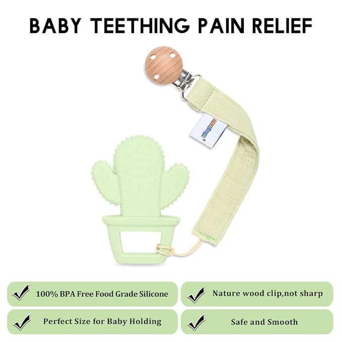 Baby Food Grade Silicone Teether Toy with Pacifier Clip Holder,Teething Pain Relief Toys Gift Set for 3 Months+ Boys and Girls,Freezer Safe,BPA Free (Cacuts)