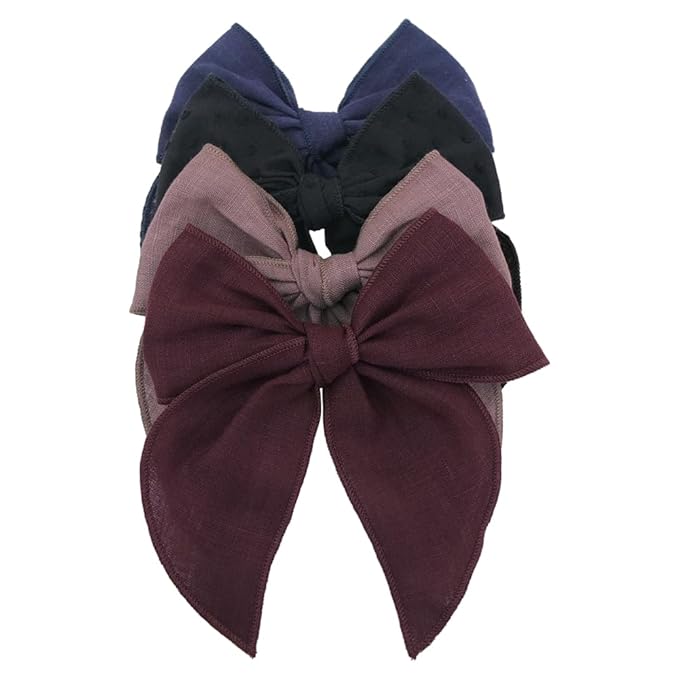 Pack of 4 Gorgeous Fable Bow Hair Clips for Girls Women Linen Hair Bow Alligator Clips Toddler Baby Mom Young Girl Hair Accessories (Burgundy/Black)