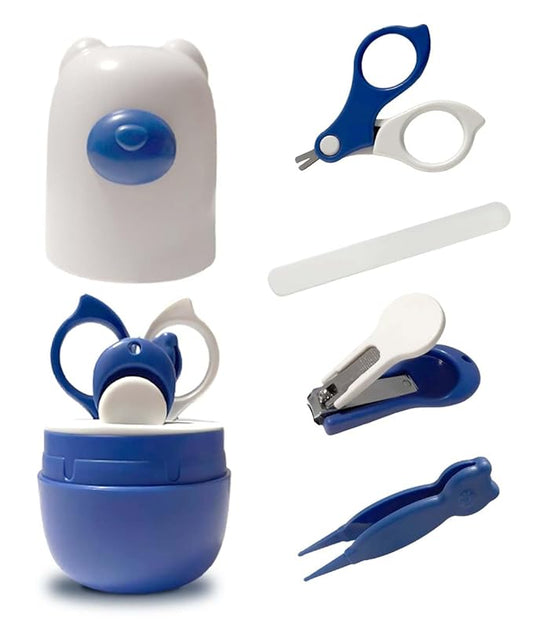 Angel Love 4-in-1 Baby Nail Care Set - Equipped with Safety Nail Clippers, Nail Files, Safety Scissors, and Safety Nose Clips Blue Zjc3