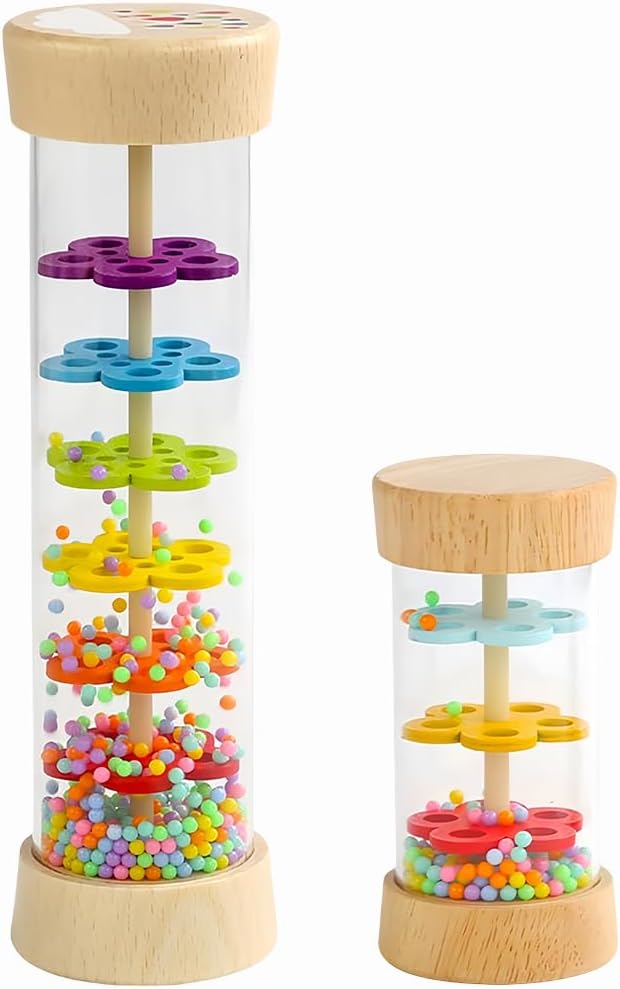 Oneshow Rain Sticks for Kids, Wooden Rainmaker Montessori Toys for Baby 36 Months, Rain Stick Baby Rattle Sensory Development Toys with Calming Rain Sounds Gifts for 3 Year Old Toddler 7.7"& 3.7"