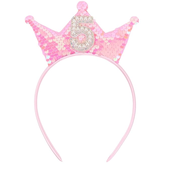 Birthday Crown Headband Pink Glitter Birthday Headbands for Girls 5 Year Old Girl Gift 5th B-day Decorations Girl
