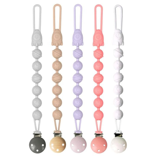 Silicone Pacifier Clips Baby, 5 Pack Soft Flexible Binky Pacifier Clip Holder with One Piece Beads Design for Boys and Girls, Birthday Gift Fits All Soother and Toys (Grey)