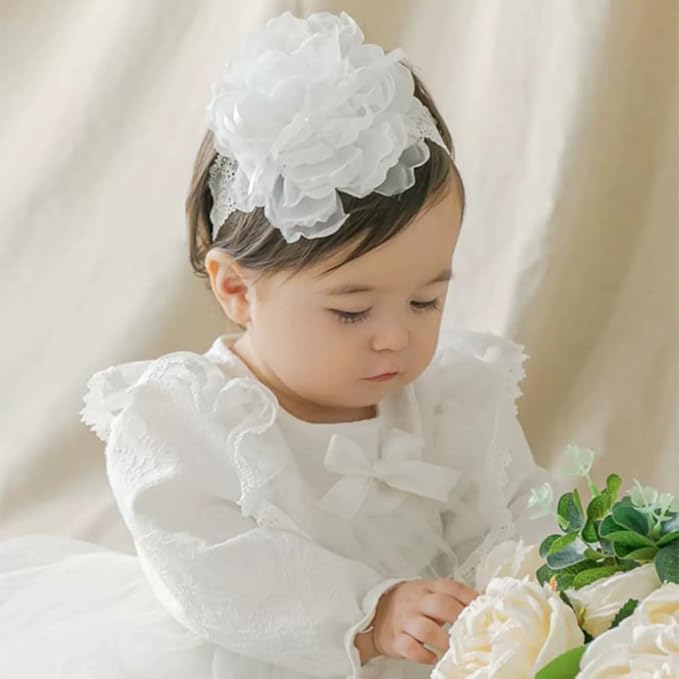 Floral Lace Hair Bow for Baby Girls Soft Stretch Headband for Newborns to Toddlers Baby Shower Birthday Hair Band 0-36 Months (White B, Free)