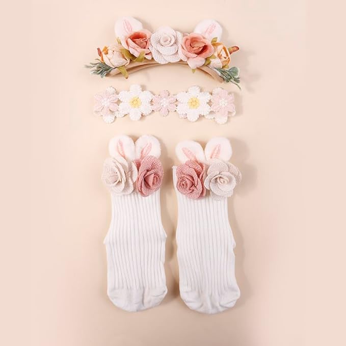 Baby Girls Headband & Socks Set, Cute Socks with Flower Hair Bows Baby Accessories Gifts for Newborn Infant Toddler